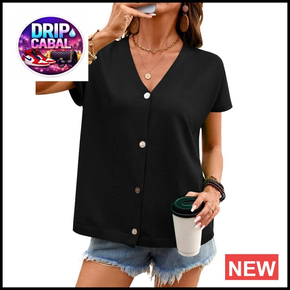 Oversized V-Neck Cardigan Short Cap Sleeve Lightweight Knitted Casual Button Up